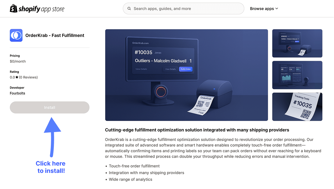 Installing the OrderKrab app from Shopify