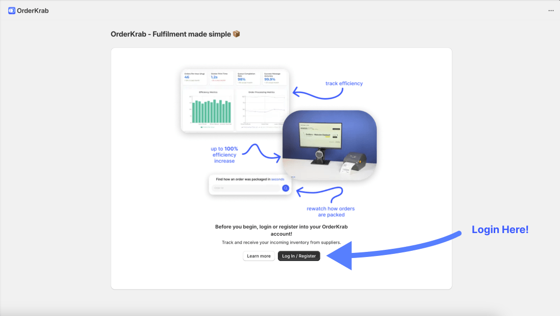 Logging into OrderKrab app in Shopify