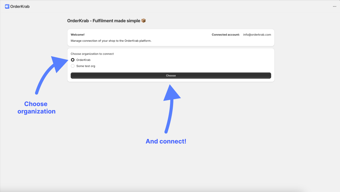 Choosing organization and connecting OrderKrab