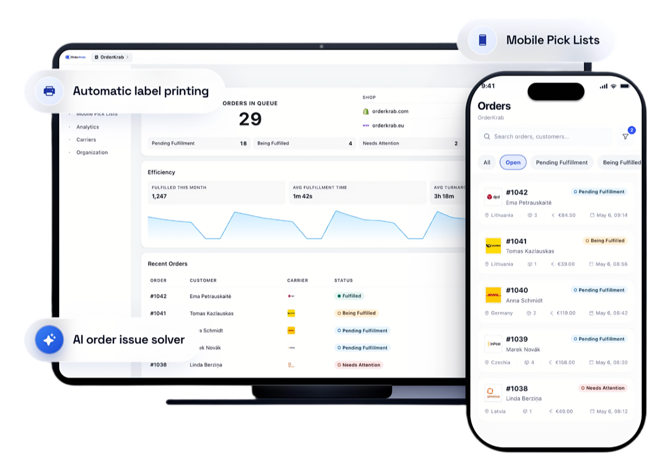OrderKrab dashboard on a desktop monitor alongside the mobile orders view on a phone