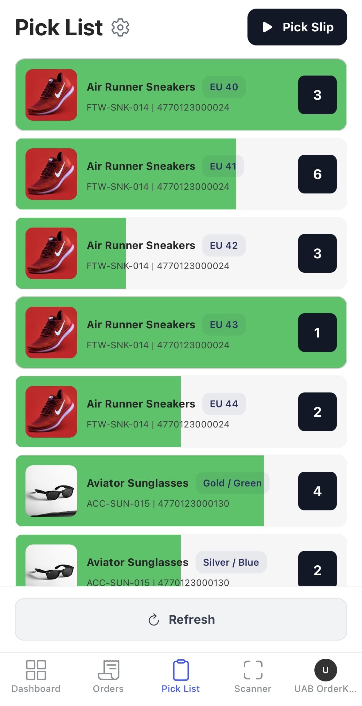 Pick List screen with pending items, counters and confirmed rows.
