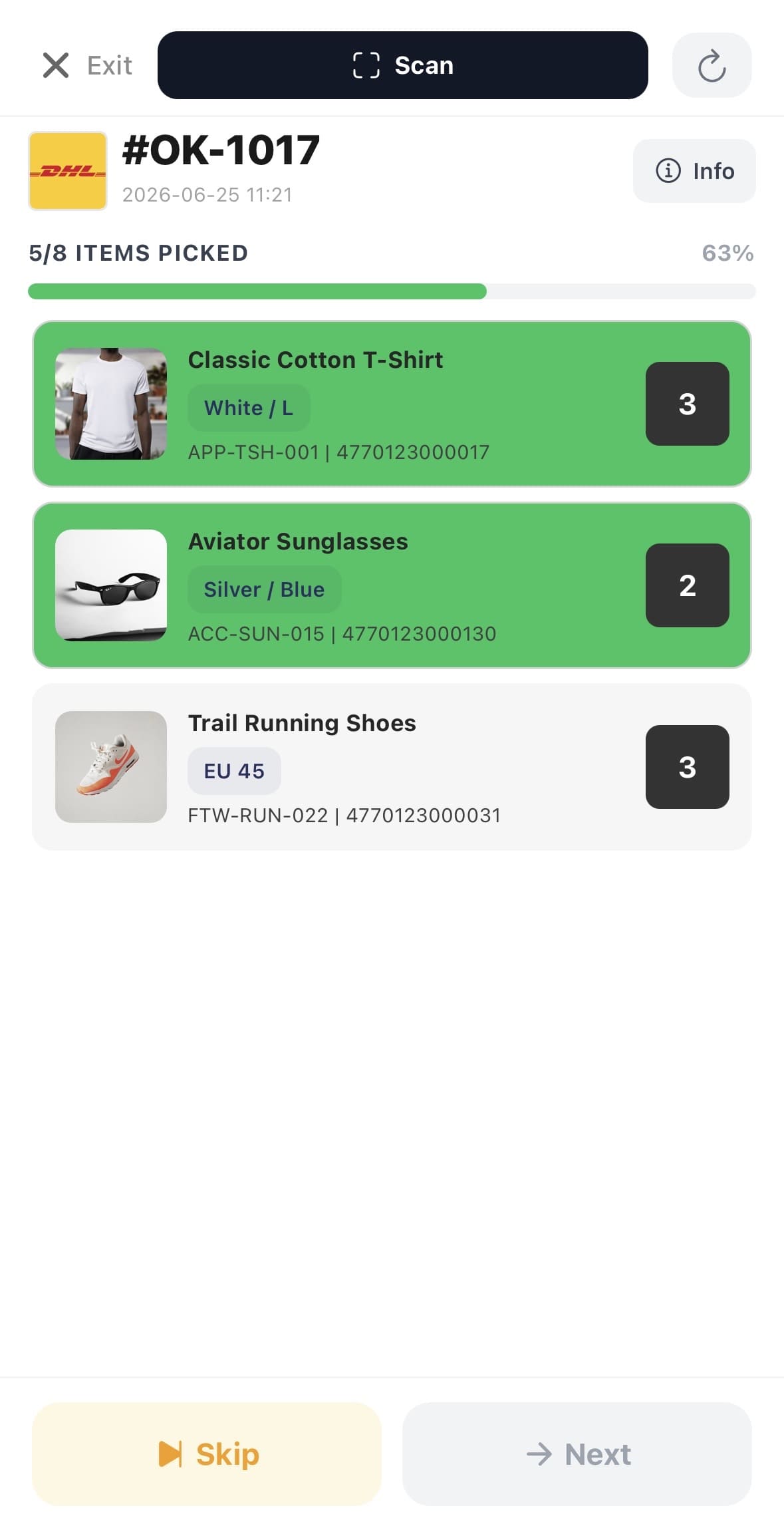 Pick List on a phone showing pending items grouped by product.