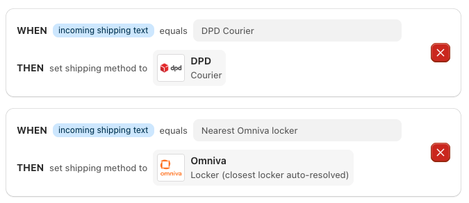 Two shipping rules in OrderKrab mapping checkout text to a carrier and method