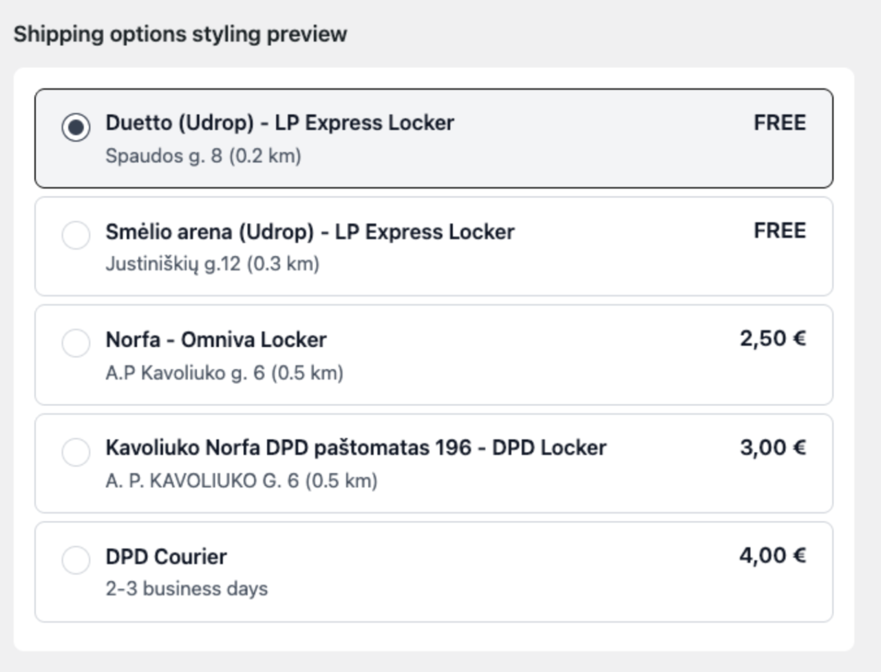 Options sorted by distance