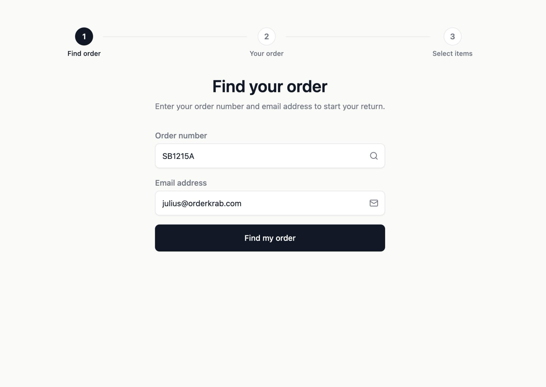 The OrderKrab returns portal asking the customer for an order number and an email address to start a return.
