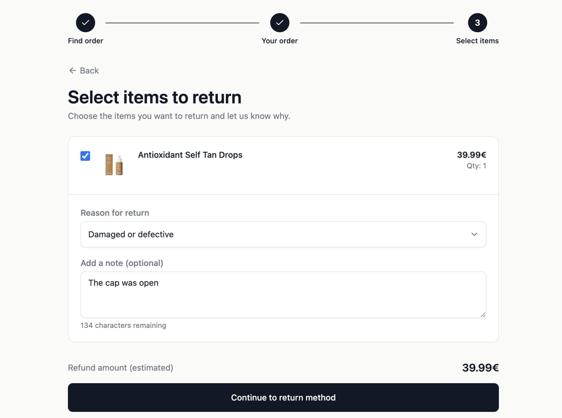 The returns portal's item selection step with one item selected, a return reason chosen and an estimated refund total.